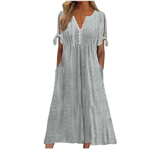 Dresses for Women UK Clearance,Ladies Summer V Neck Short Sleeve Button Dress with Pockets Flowy Pleated Maxi Dress Loose Casual Beach Boho Tunic Sundress A Line Bridesmaid Evening Gowns S-3XL