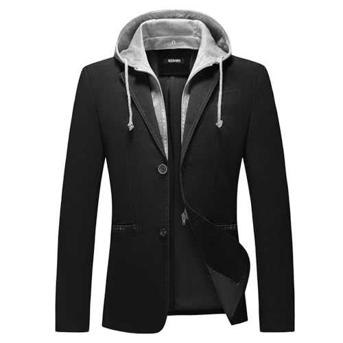 KUDORO Mens Blazer Jacket with Detachable Hood Slim Fit Suit Jackets Two Button Casual Tuxedo for Men Classic Blazer
