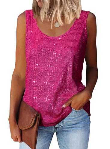 MLEBR Womens Summer Fashion Sequin Tops Scoop Neck Sequin Sparkle Shimmer Sleeveless Tanks Tops Blouses