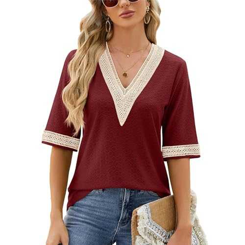Atxnn Women's T-Shirts Half Sleeve Tops V Neck Blouses Summer Boho Shirts with Lace Trim Elegant Eyelet Tunic Top