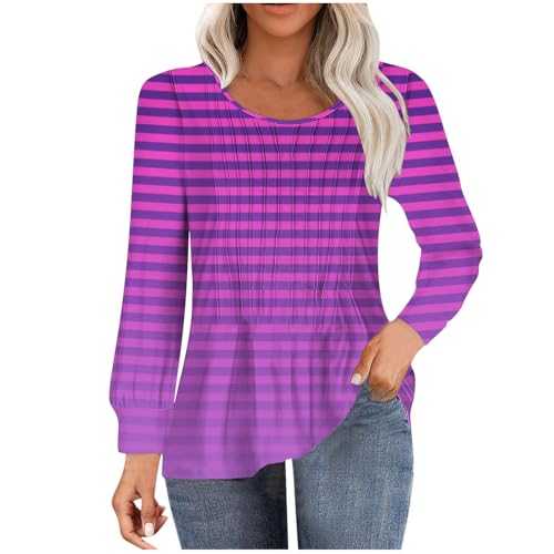 Womens Tops Promotion Long Sleeve Shirts for Women Fall Tops Vintage Print Tees Dressy Casual Blouses Pleated Crewneck Tunic Tops for Leggings Y2K Going Out Tops