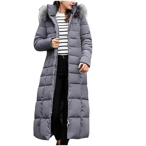 Mrat Winter Jackets for Women UK Clearance Maxi Faux Fur Hooded Puffer Down Coat Longline Quilted Jacket Thermal Jacket Solid Zip Warm Padded Overcoats Outerwear Windproof Coat Loose Thick Parka Coat