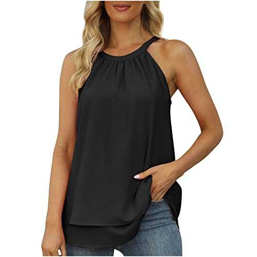 DianD Halter Neck Tops for Women UK Sale Clearance Chiffon Top Summer Sleeveless Vest Tops Loose Fit Solid Elegant Cami Shirt Pleated T Shirts Casual Flared Blouses Tunics Camisole Tank Top Size 8-16