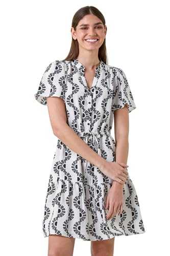 Roman Originals Floral Print Frill Hem Shirt Dress for Women UK - Ladies Everyday Holiday Spring Summer Notch Neckline Comfy Soft Evening Vacation Work Party