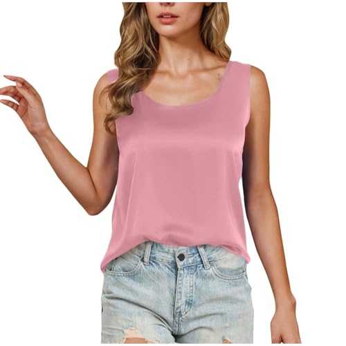 Womens Satin Tank Tops Summer Solid Sexy Sleeveless Camisole Tops Loose Fit Round Neck Cami Blouses Soft Vests Ladies Tops Casual Basic Tee Top Comfy Tank Shirts