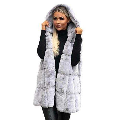 HOOUDO Women Gilets Coat Jacket Sleeveless Solid Hooded Winter Fashion Casual Solid Warm Long Artificial Wool Waistcoat Plus Size(XX-Large,Gray)