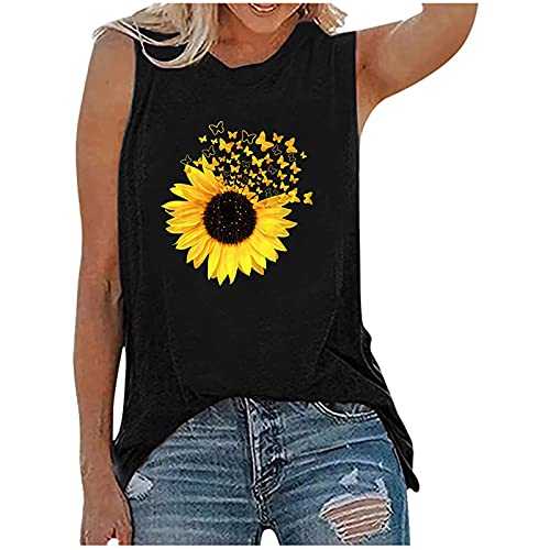 Women's Tank Tops Casual Loose Fit Plus Size Sunflower Printed Tee Shirts Sleeveless Vest T-Shirt Tops Shirts Blouse Plus Size T-Shirts Loose Fitting Blouse Casual Basic Tops Summer Tops