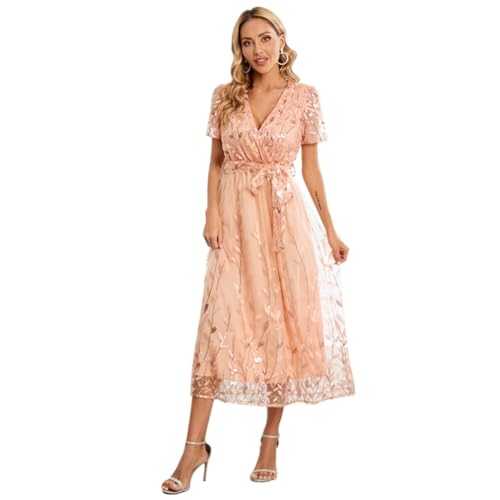 IMEKIS Women Short Sleeve V Neck Party Dress Sequins Leave Embroidery Ruffle Midi Dress Elegant Wedding Guest Dress Festival Cocktail Evening Gown with Belt