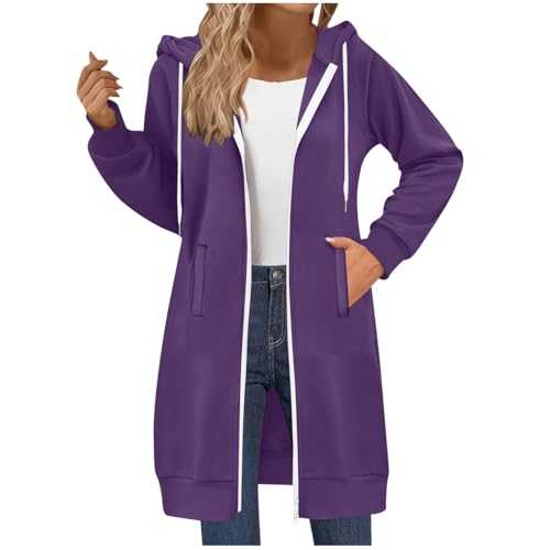Zip Up Hoodie Women Oversized Double Zippered Longline Hoodie Solid Color Hooded Sweatshirts Fleece Jackets Long Sleeve Tops Casual Loose Fit Hoody Plain Sweater Winter Long Coats with Pockets