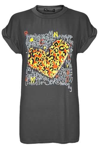 MBN Womens Oversized Valentine's Heart with Tiger Turn Up Sleeve Baggy T Shirt