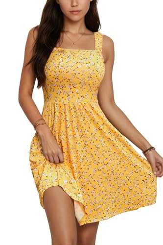 Oyamiki Summer Dresses for Women UK Sleeveless Sundress Casual Vacation Floral Beach A Line Square Neck Dress with Pockets