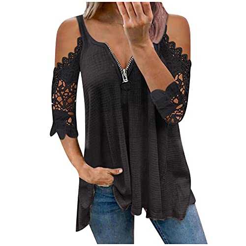 Womens Summer Tops Waffle Shirts Plus Size 3/4 Lace Sleeve Pleated Tops Longline Loose Shirts Blouses 1/4 Zipper Cold Shoudler Blouses Sexy Elegant Tee Tops for Work Office