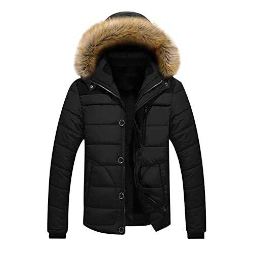 AMhomely Jacket For Men Padded Jacket With Faux Fur Hood Casual Hooded Quilted Jacket Stand-up Collar Winter Coats Casual Padded Cotton Jacket Windbreak Streetwear Jacket Sale Clearance