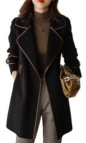 CHARTOU Women's Elegant Lapel Collar Wool Blend Midi-Long Pea Coat Jacket with Belt