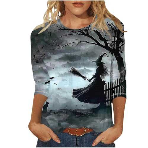 2024 Halloween Shirts for Women UK Casual 3/4 Sleeve Crewneck Tunic Tops Funny Ghost Pumpkin Witch Black Cat Graphic Blouse Fall Dressy Comfy Lightweight Tee Shirts