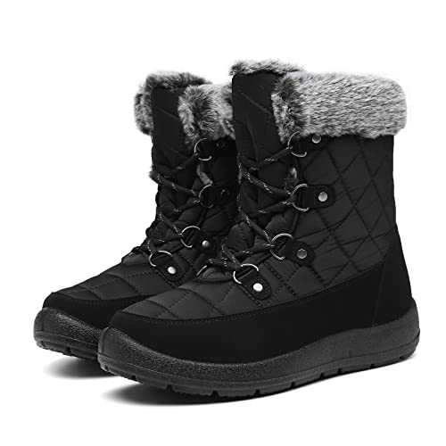 Bella Bays Snow Boots Women Waterproof Non Slip Fur Lined Warm Ladies Winter Ankle Boots Thermal Outdoor Walking Shoes Lace Up Zipper Black/Grey/Red/Blue UK 3-9