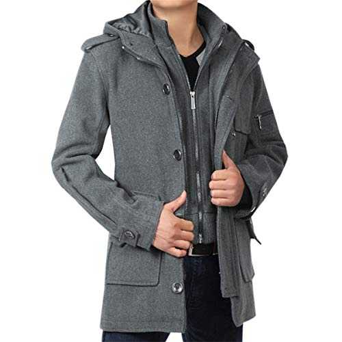 YOUTHUP Men's Coats Casual Hooded Winter Trench Coat Single Breasted Wool Jackets, Grey, L