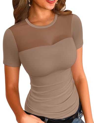 VICHYIE Womens Summer Short Sleeve Tops Sheer Mesh Square Neck Ribbed Slim Fitted Shirts Casual Tee Tshirt