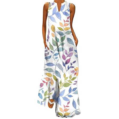 Ladies Oversized Boho Printed Long Dresses with Pocket Fashion Chiffon Summer V Neck Sleeveless Maxi Dress Casual Vintage Loose Fit Beach Tank Dresses Elegant Going Out Party Flowy Hem Dress
