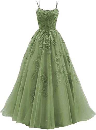 HYEC7 Women's Spaghetti Straps Tulle Prom Dresses Long Lace Appliques Ball Gown Formal Evening Party Gowns