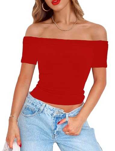 Topstype Off Shoulder Tops for Women Short Sleeve Summer Slim Fit Ribbed T Shirts Fitted Going Out