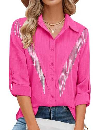 MYMORE Womens Rhinestone Fringe Button Down Shirt Rolled 3/4 Sleeve Sparkly Top Concert Nashville Western Cowgirl Outfit