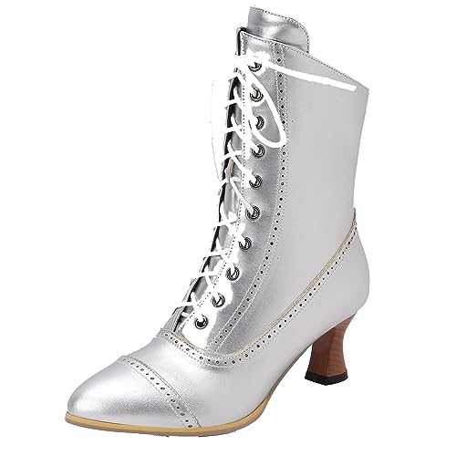 CUTEHEELS Women Vintage Lace-up Ankle Boots with Pointed Toe and Kitten Heel