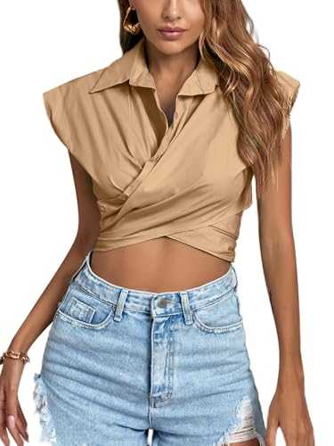 LYANER Women's Collar V Neck Wrap Front Cross Tie Back Cap Sleeve Crop Top Blouse