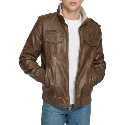 Men's Vintage Deer Faux Leather Sherpa Lined Aviator Bomber Jacket
