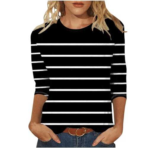 AMhomely Women's T-Shirts 3/4 Sleeve Summer Tops Women Classic Stripe Casual Tunic Tops Round Neck Trendy Tees Shirts Vintage Loose Pullover Tops Baggy Basic T Shirts Office Work Blouse