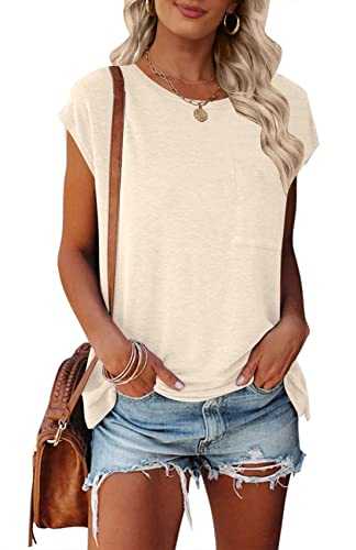 MEROKEETY Women's Casual Cap Sleeve T Shirts Basic Summer Tops Loose Solid Color Blouse with Pocket