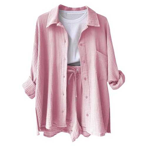 Generisch 2026 - Casual Long Sleeve Shirt for Women with Side Slits and Pocket. Versatile Basic Top for Spring, Summer and Autumn. Daily Wear, Beach Date Outfit, Glitter Top, Light pink, M