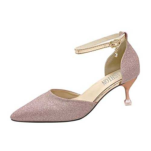 Momolaa Kitten Heels Closed Toe Leopard Print High Heel Shoes Rhinestone Buckle Pointed Thin Heel Shoes Size