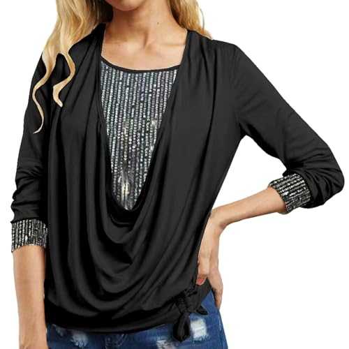 Women Elegant Sequin Tops Party Glitter Ruched Wrap Tops Sparkly Blouse Comfortable Casual Diamonds Long Sleeved Stretchy Scoop Neck Top Fake Two Pieces Slim Fit Blouse Office Wear Shirt Pullover