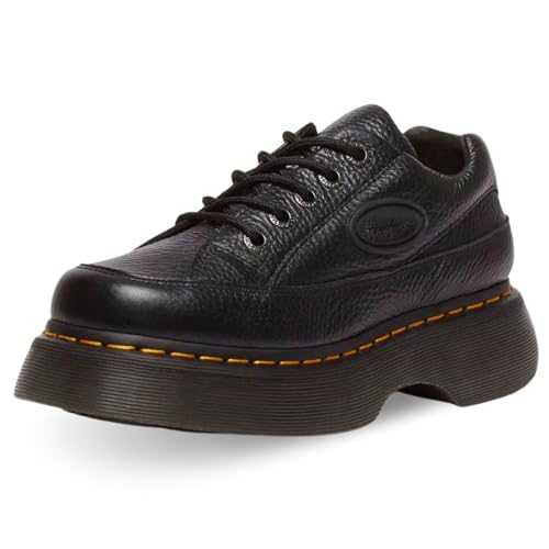 Oxford Shoes with Platform, Black Leather, Thick Sole with Yellow Stitching