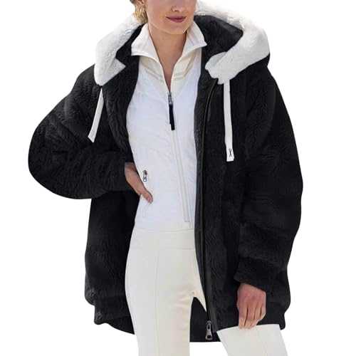 DUHENWU Women'S Coats Winter Fleece Jackets Fur Trench Coats Zip Up Colorblock Fluffy Hoodie Parka Jacket Soft Teddy Zip Up Full Zipper Tops Button Loose Jackets
