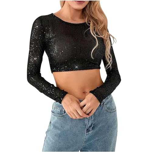 Ladies Crop Sequin Top Sale, Long Sleeve Sequin Top Y2K Crew Neck Pullovers Slim Fit Shinny Going Out Shirts Glitter Sexy Evening Tops for Women Sparkle Crop Top for Disco Rave Concert Party