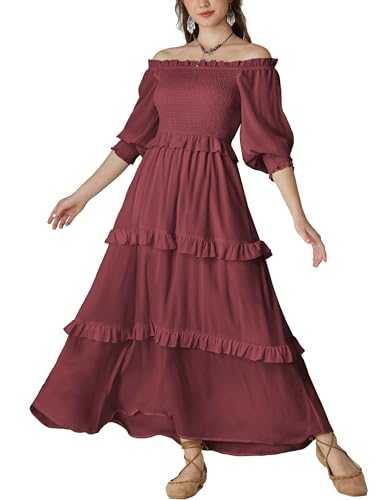 Scarlet Darkness Women Renaissance Dress Off Shoulder 3/4 Sleeve Chiffon Flowy Tiered Long Dress