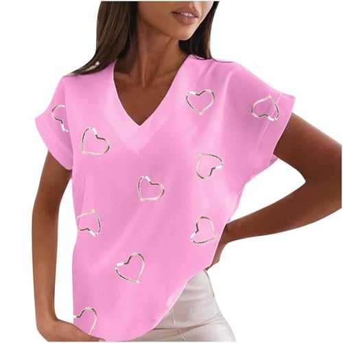 V Neck T Shirts for Women UK Summer Cute Girls Heart-Shaped Glitter Tops Loose Short Sleeve Tops Glitter Breast Cancer Awareness Printed Shirt Daily Casual Pullover