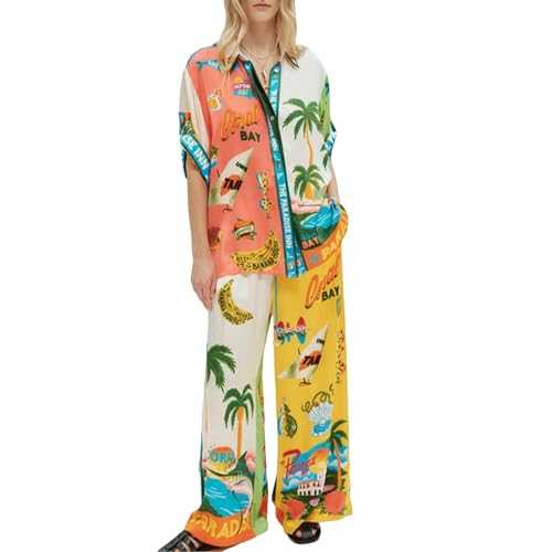 Caziffer Women’s Y2k 2 Piece Outfits Bohemian Vintage Graffiti Floral Short Sleeve Button Up Shirt + Drawstring Wide Leg Pants Set Beachwear