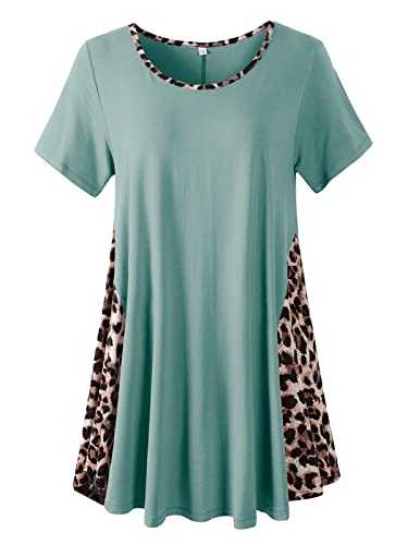 LARACE Leopard Print Tops for Womens Short Sleeve Shirts Plus Size Tunic Swing Summer Clothes Color Block Tee