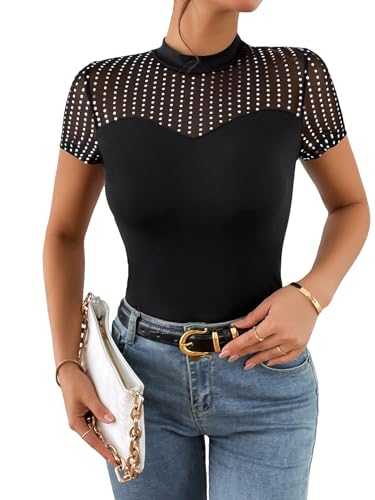 GORGLITTER Women's Sequins Mesh Top T Shirt Sheer Short Sleeve Summer Party Going Out Tee Tops