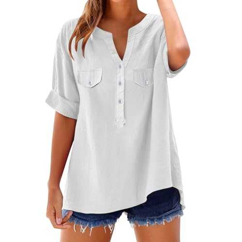 YWLINK Summer Tops for 2025 Women UK Linen Shirt Ladies Button V Neck Tunic Top Fashion Baggy Solid Plain Casual Blouse Soft Comfy Basic Tee