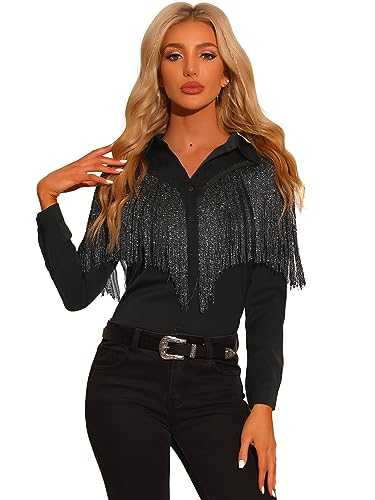 Allegra K Women's Fringe Blouse Long Sleeve Button Down Disco Party Shirts