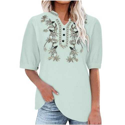 Womens Summer Tops Floral Linen Shirt Women Button Up Elegant Work Office V Neck Women's Blouses Womens T Shirts Short Sleeve Lace Embroidery Casual Loose Fit Tunic Tops for Women UK