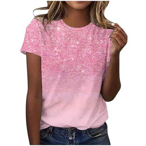 Sequin Shirt for Women UK Sparkling Crystal Printed Shirts Round Neck Short Sleeve Blouses Tshirts Ladies Shimmer Pullover Glitter Top Sparkly Festival Party Shining Tees Summer Tops S-XXL Clearance