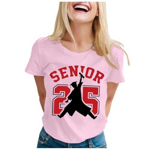 Womens Graduation Season Printed Crew Neck Short Sleeve T Shirt Top Glitter