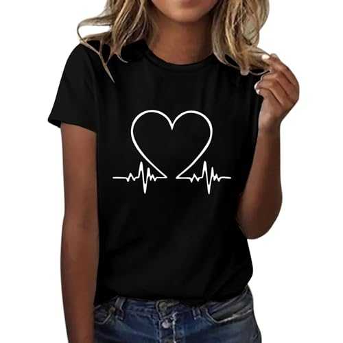 Skang women's t-shirts Women's Love Printed Shirt Short Sleeve Round Neck T Shirt Fashion Top Lightweight Soft Casual Summer Clothing Clothes