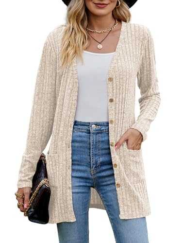 Couawaticy Women's Long Sleeve Ribbed Cardigans for Women, Light Fall Winter Outwear Open Front V Neck Sweater Cardigans with Pockets S-XXL