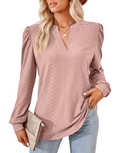 Atxnn Womens Tops V Neck Shirts Puff Long Sleeve Blouses Elegant Jacquard Tunic Top Comfortable for Spring Fall